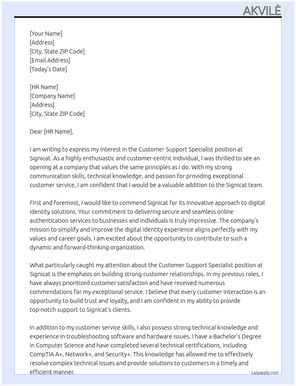 customer support specialist At Signicat Cover Letter