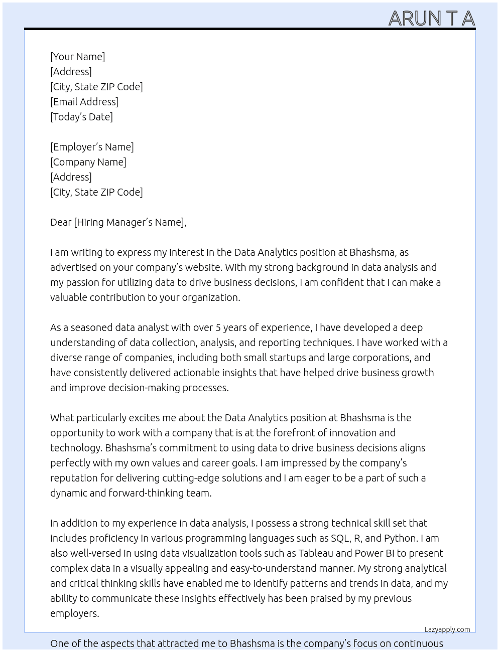 Data Analytics  At Bhashsma Cover Letter