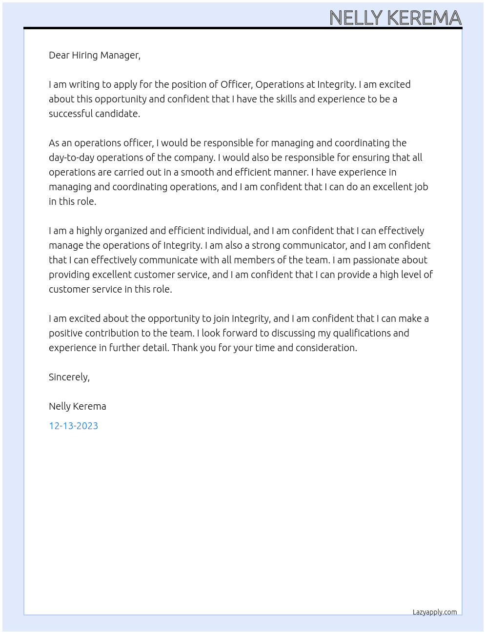 Officer,Operations At Integrity Cover Letter