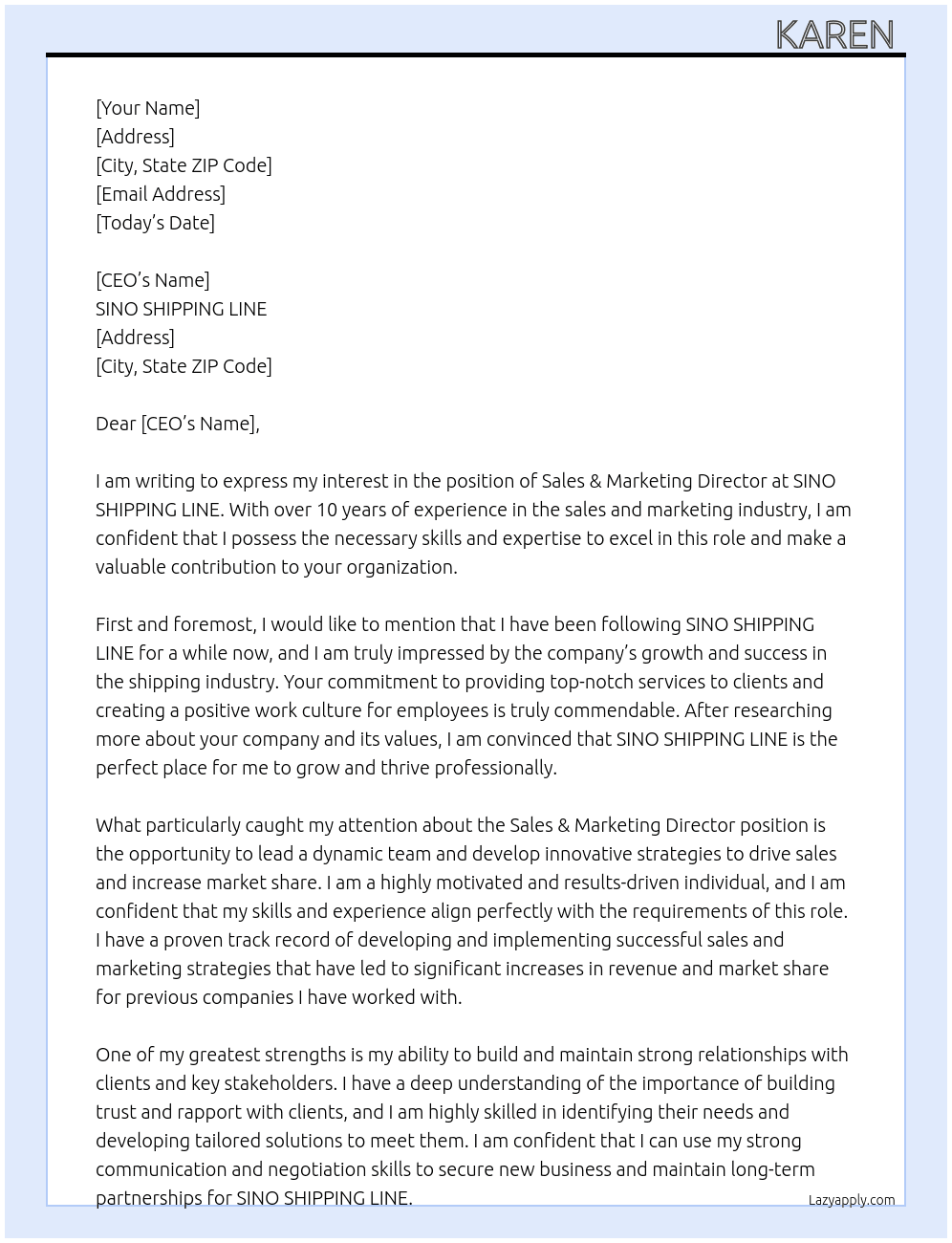 Sales & Marketing Director At SINO SHIPPING LINE  Cover Letter