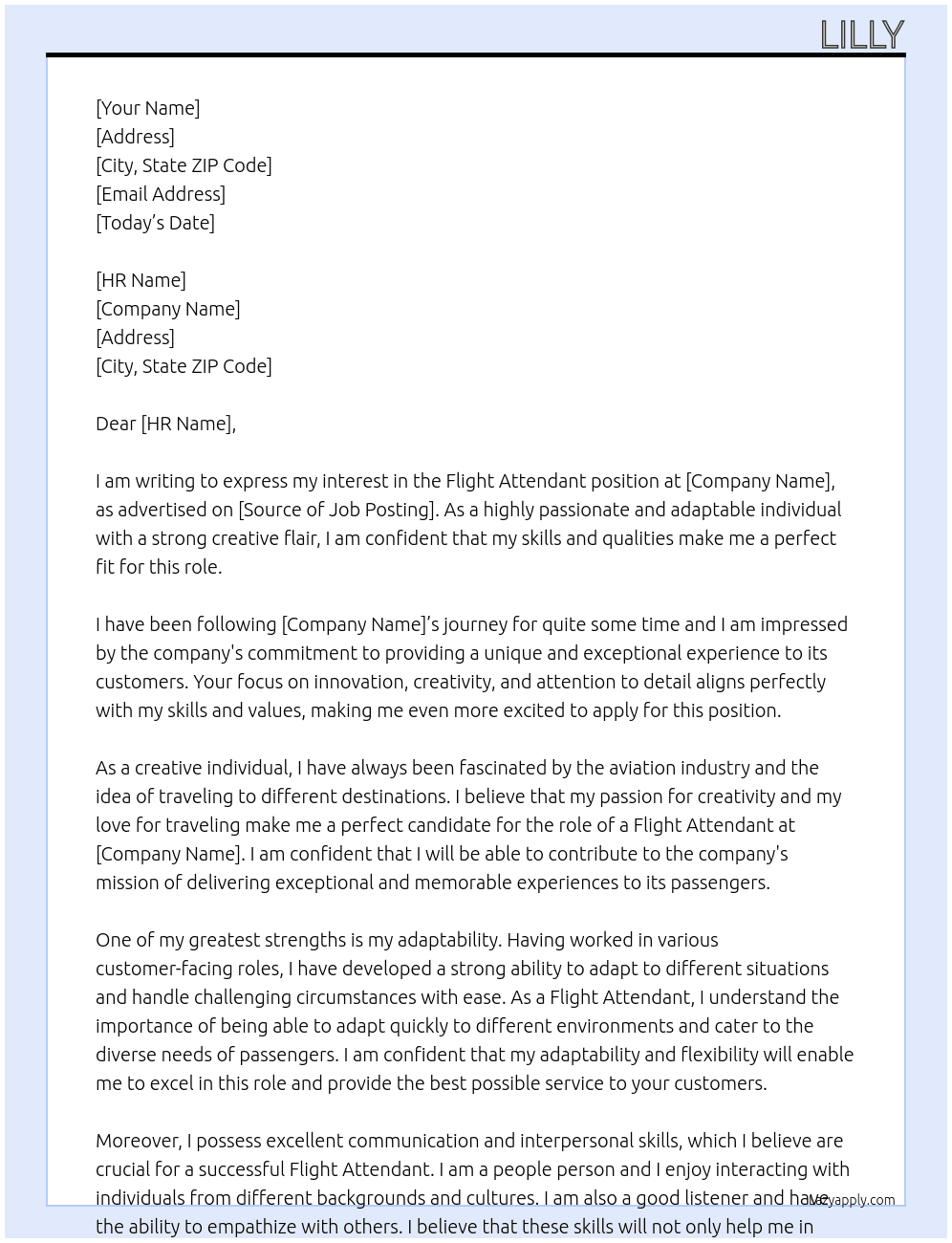 Flight Attendant  At linked Cover Letter