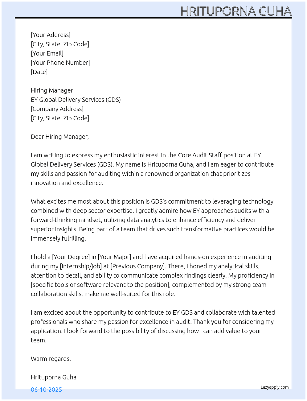Cover letter for core audit staff - LazyApply