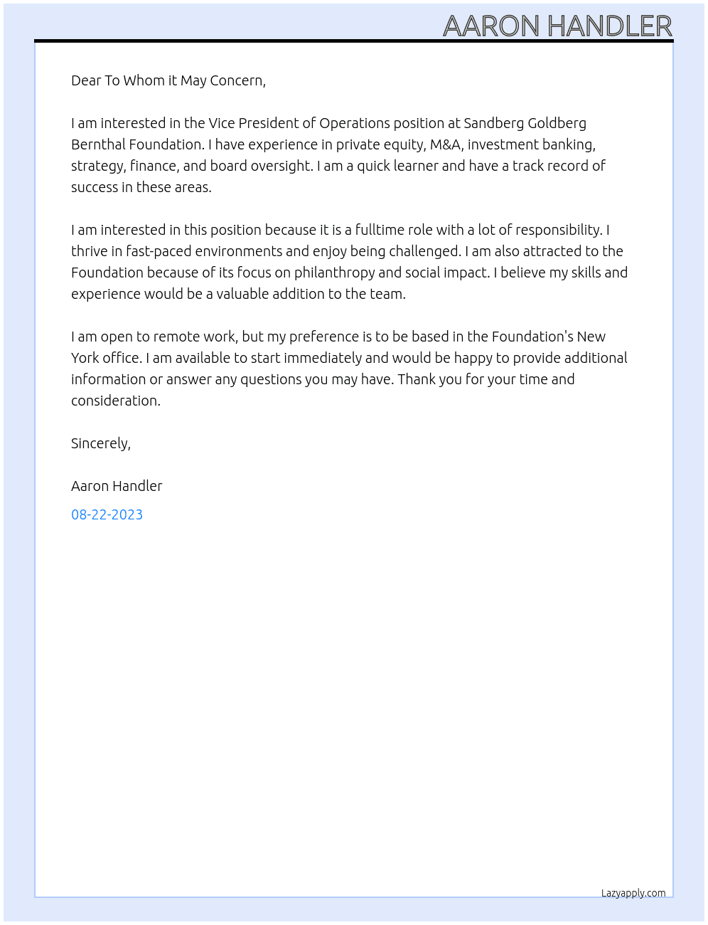 Vice President of Operations At Sandberg Goldberg Bernthal Foundation Cover Letter