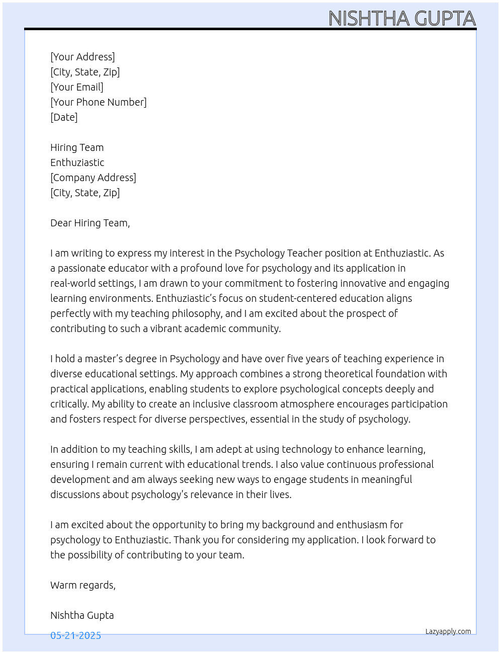 Psychology Teacher At Enthuziastic Cover Letter