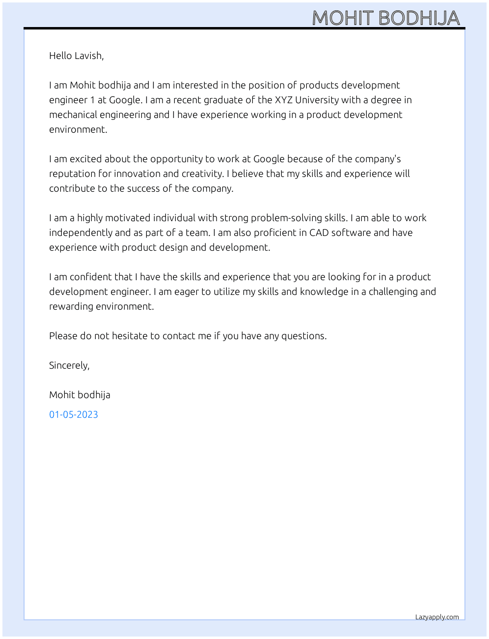 Cover letter for products development engineers 1 - LazyApply