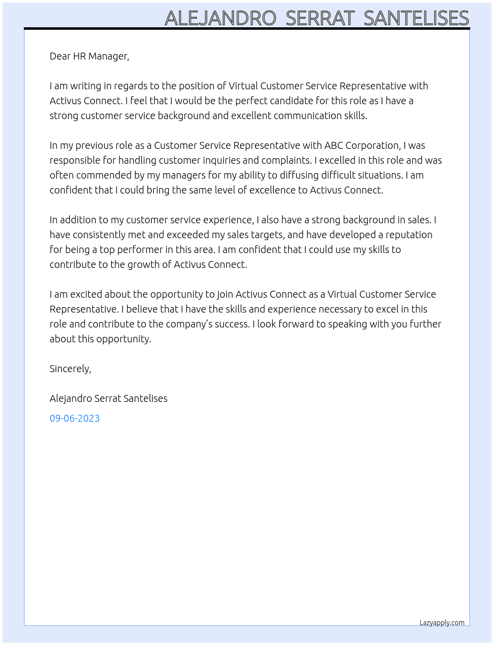 Virtual Customer Service Representative  At Activus Connect Cover Letter