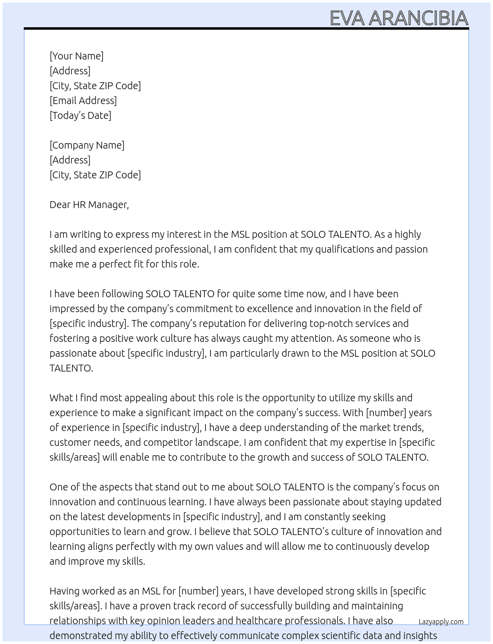 MSL At SOLO TALENTO Cover Letter
