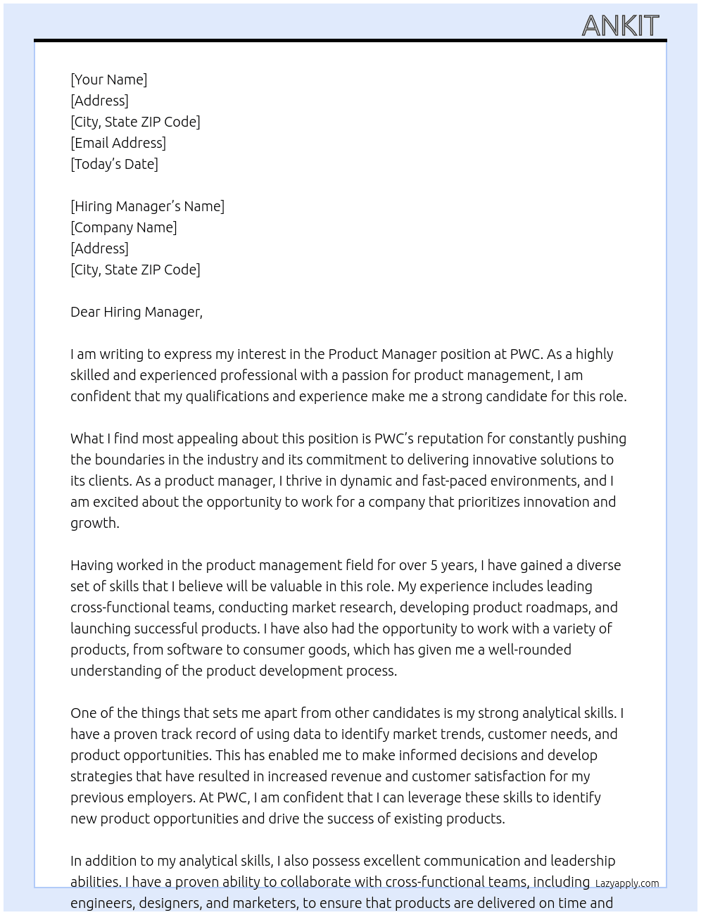 Product Manager At PWC Cover Letter