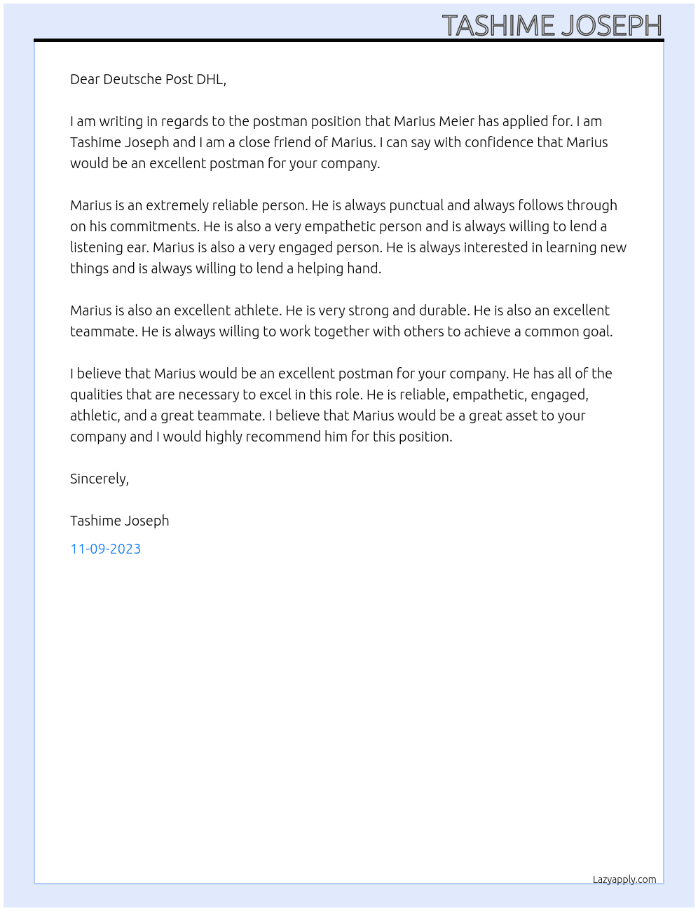 Postman At Deutsche Post DHL Cover Letter