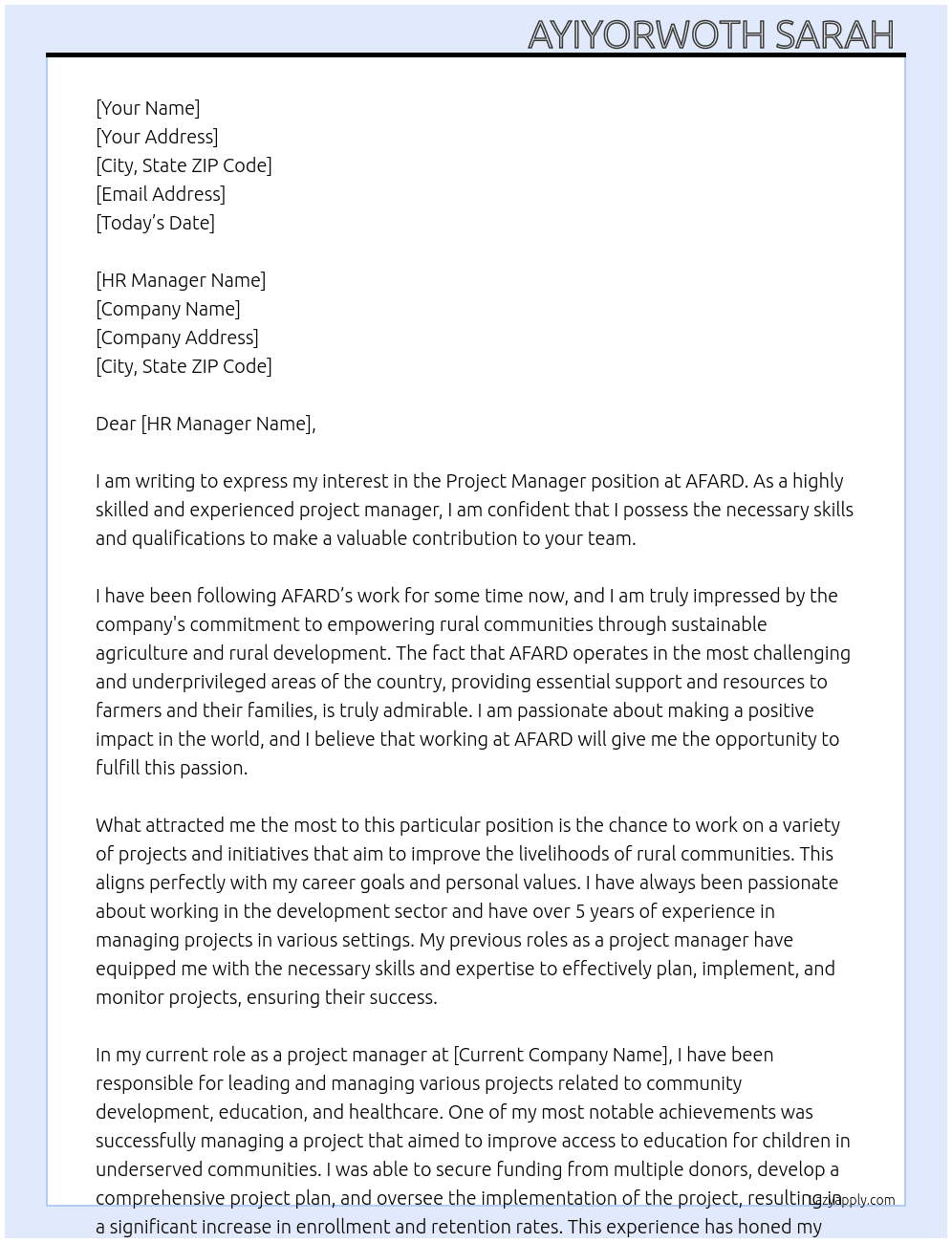Project manager  At AFARD  Cover Letter