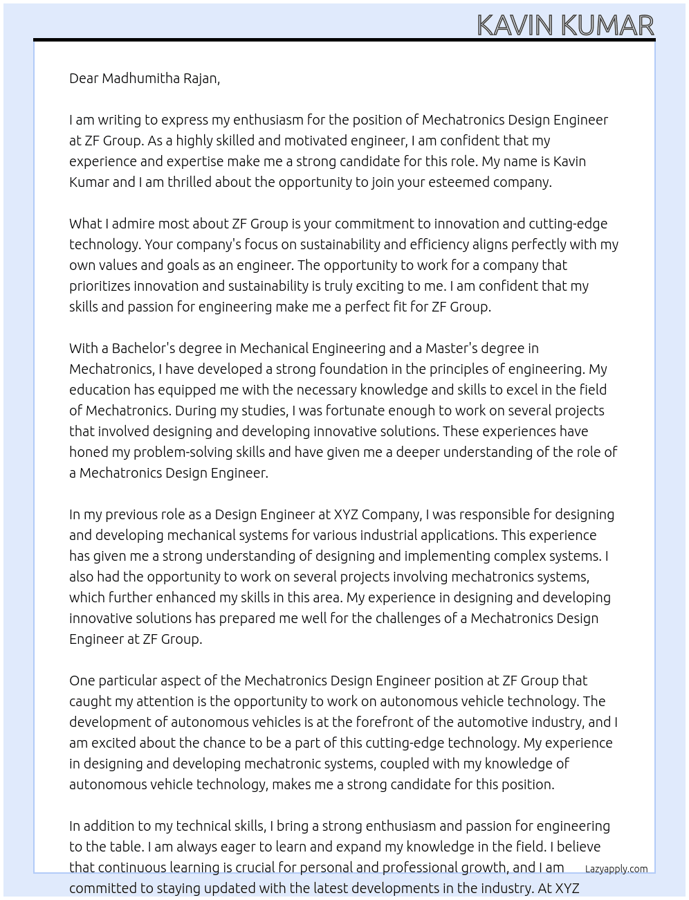 Mechatronics Design Engineer At ZF Group Cover Letter