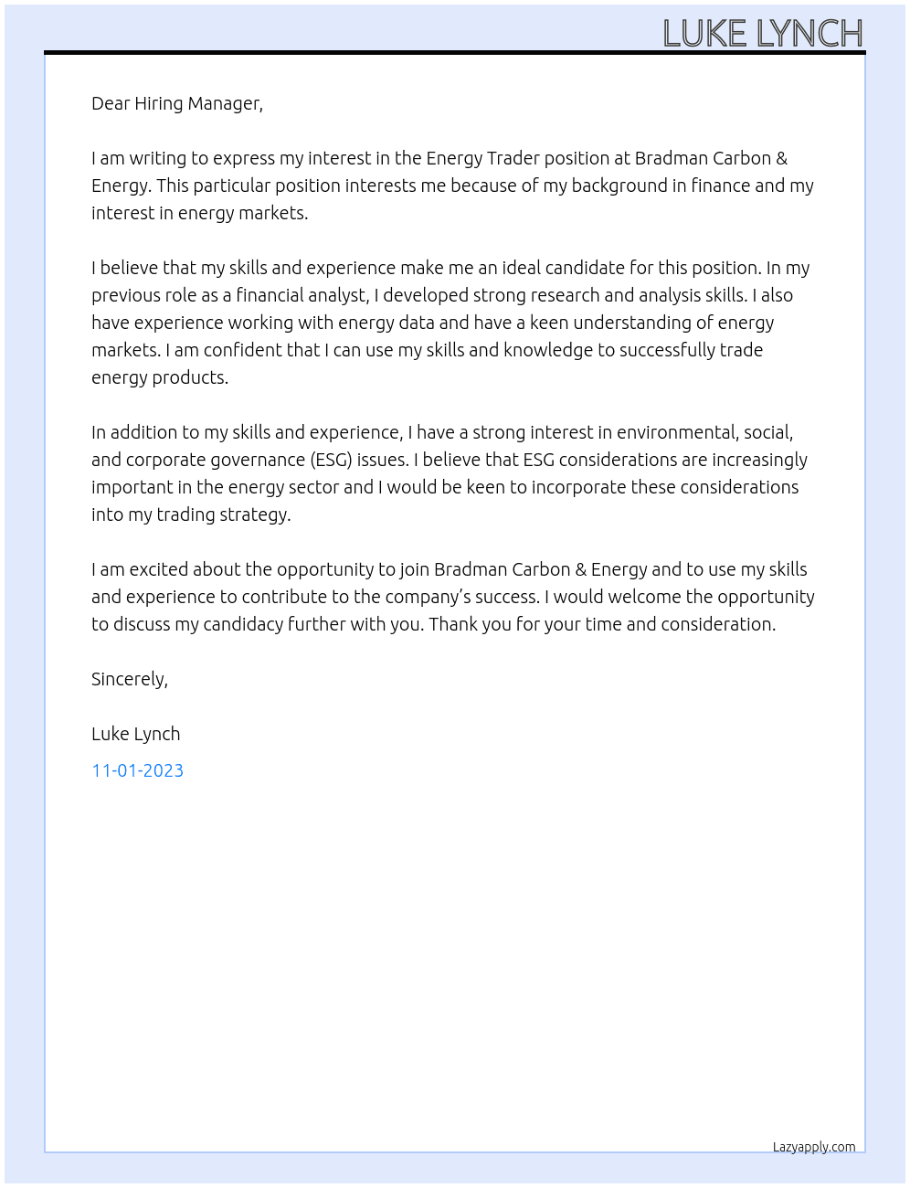 Energy Trader At Bradman Carbon & Energy Cover Letter