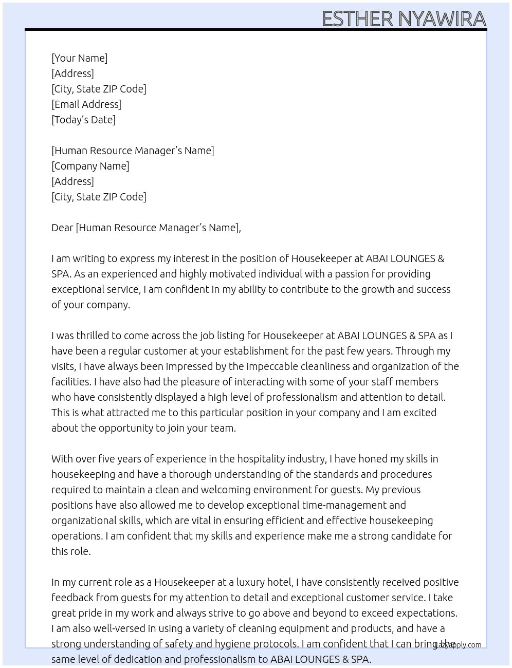 house keeper At ABAI LOUNGES & SPA Cover Letter