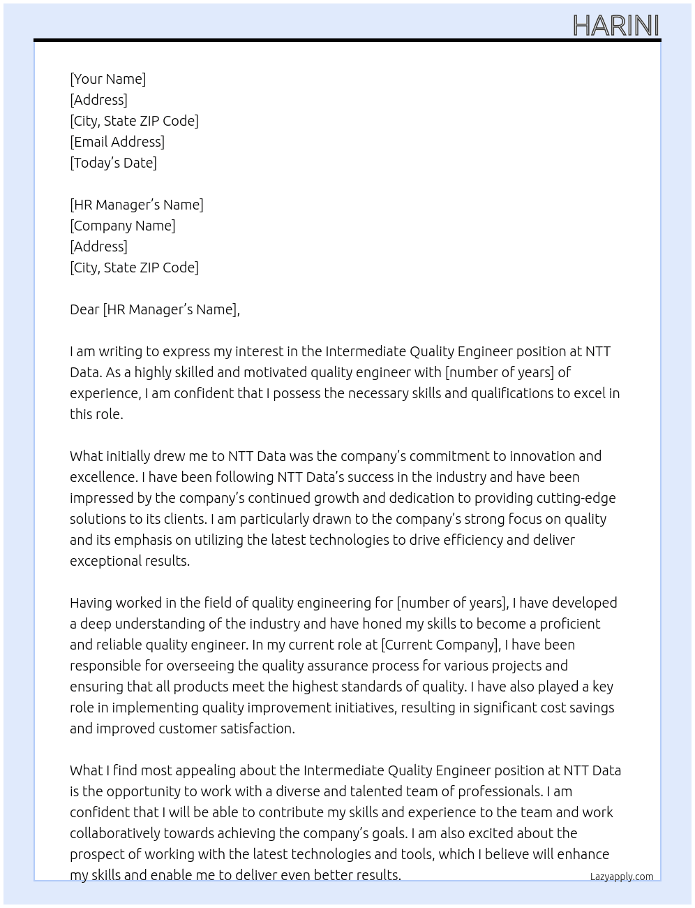 Intermediate quality engineer  At Nttd data  Cover Letter