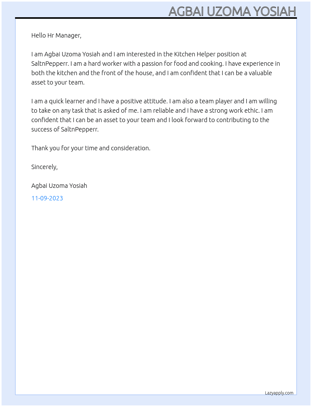 Kitchen Helper At SaltnPepperr Cover Letter