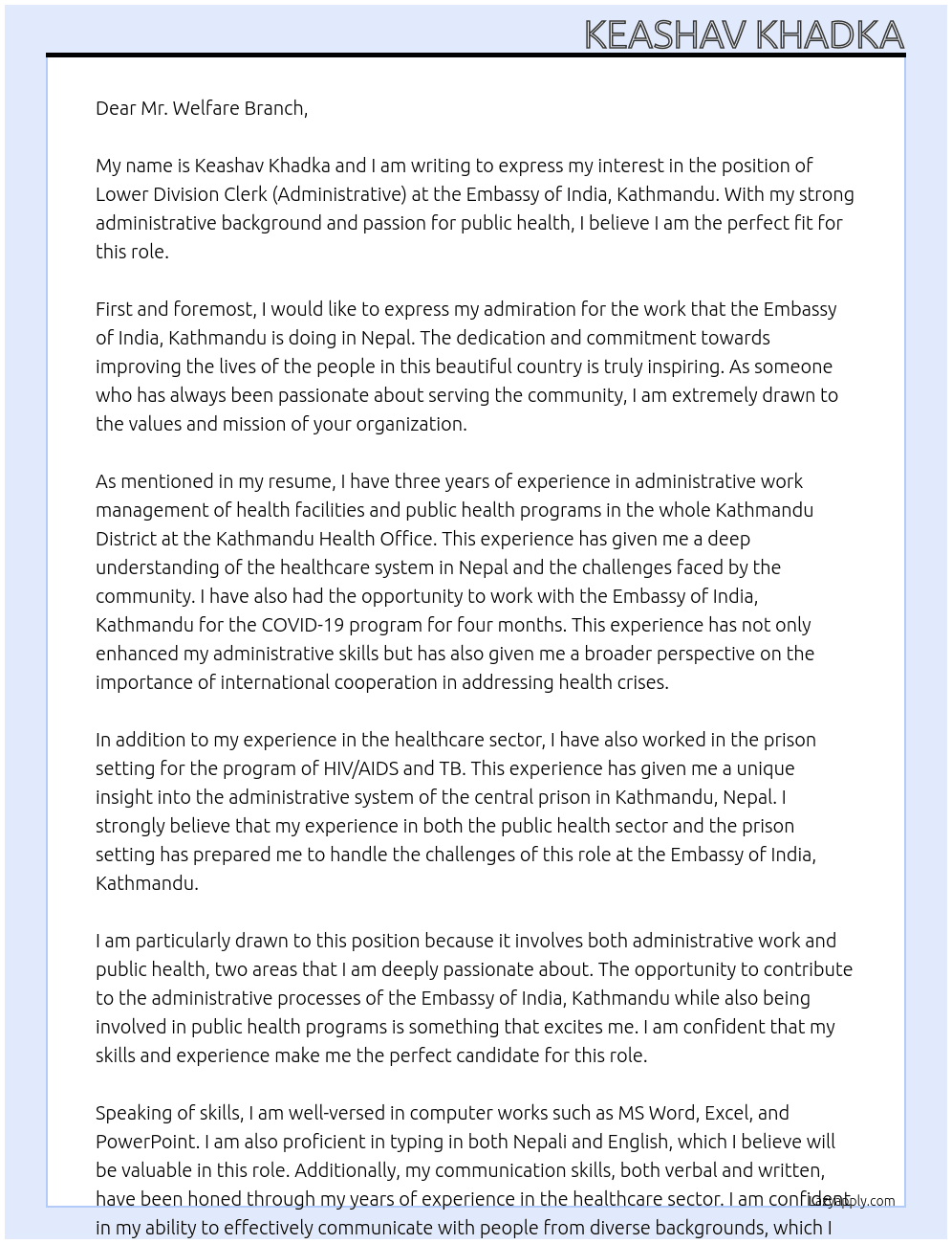 lower Division Clerk( Administrative) At Embassy of India ,Kathmandu, Nepal  Cover Letter