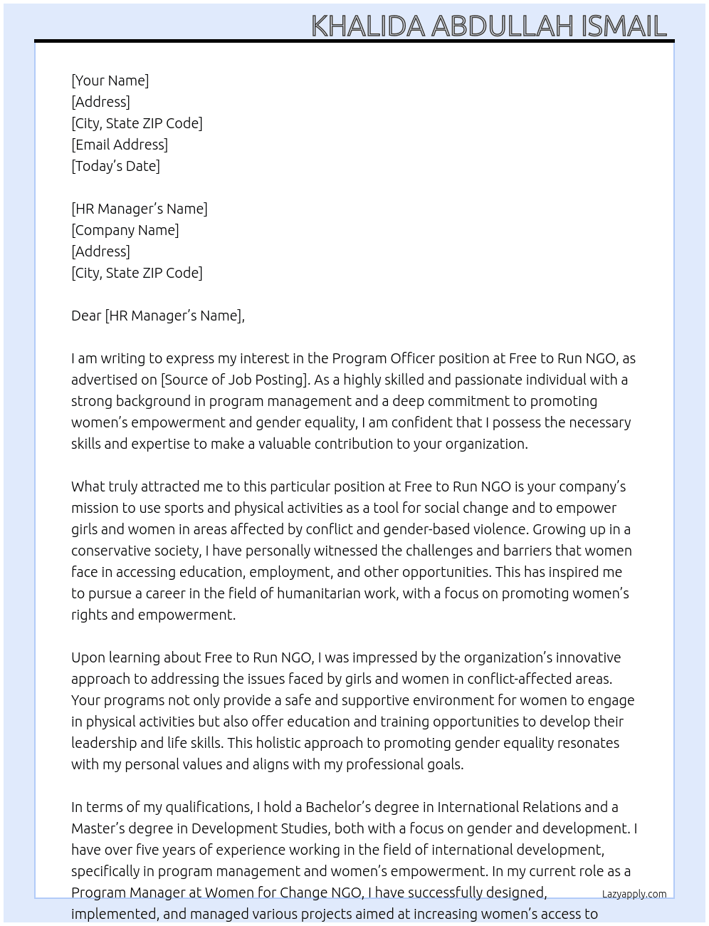 Program officer  At Free to Run NGO Cover Letter