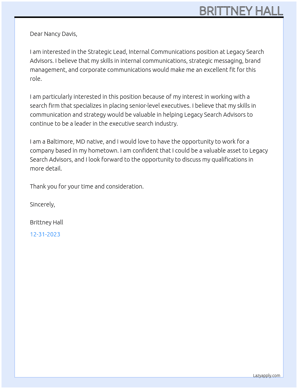 Strategic Lead, Internal Communications At Legacy Search Advisors Cover Letter