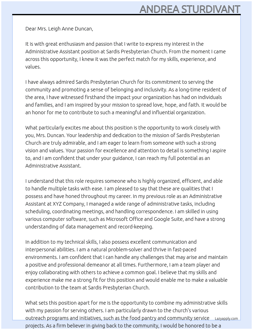 Administrative assistant At Sardis Presbyterian Church Cover Letter