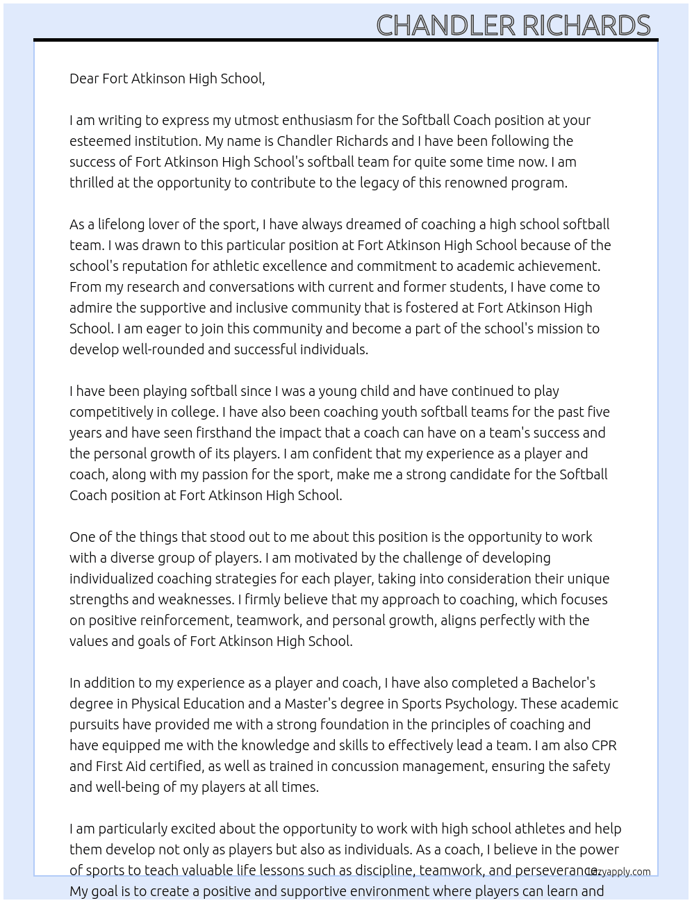 Softball coach  At For Atkinson high school  Cover Letter
