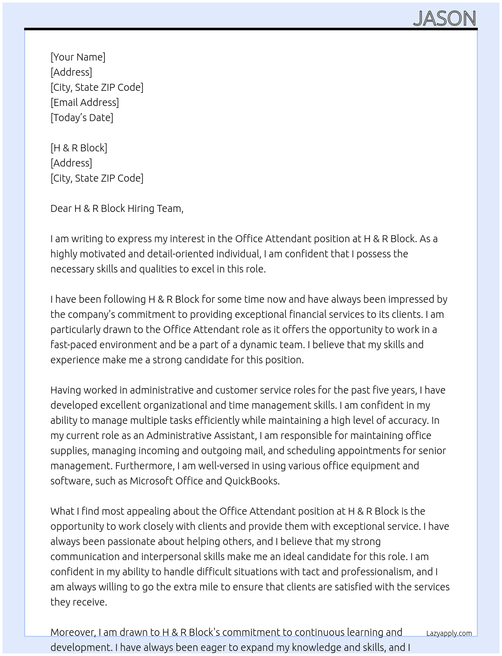 office attendant  At H & R Block Cover Letter