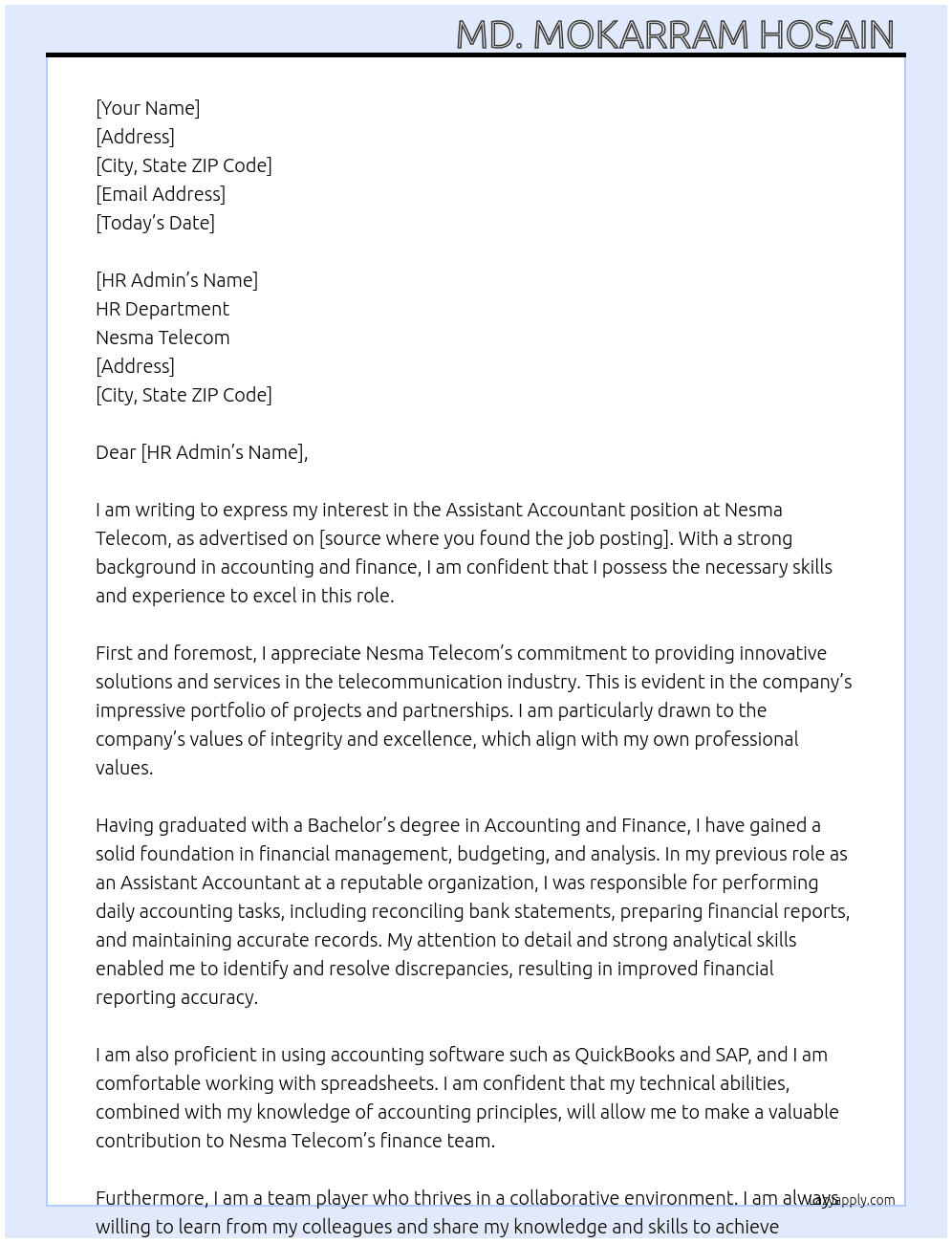 Assistant accountant  At Nesma telecom  Cover Letter