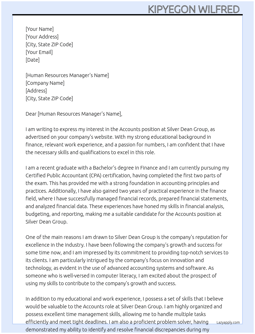 Accounts   At Silver Dean group  Cover Letter