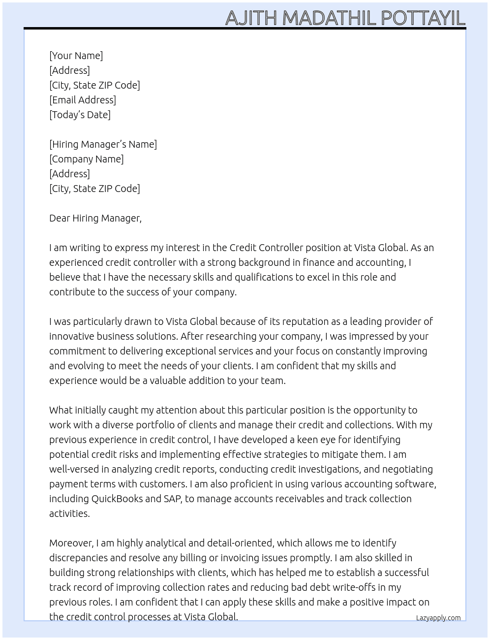 Credit Controller  At Vista Global  Cover Letter