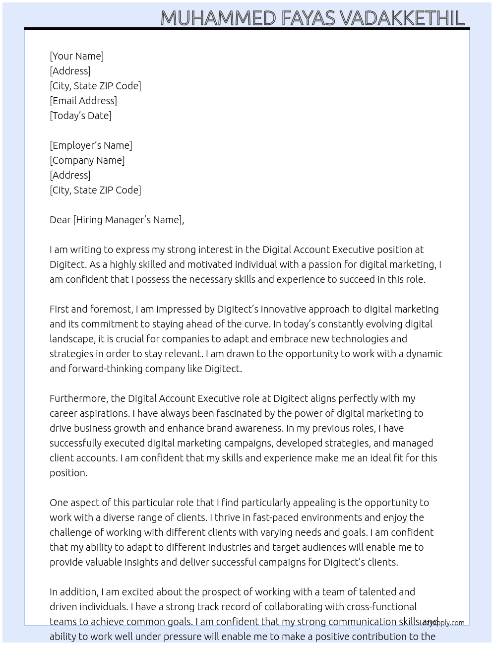 Digital Account Executive  At Digitect Cover Letter