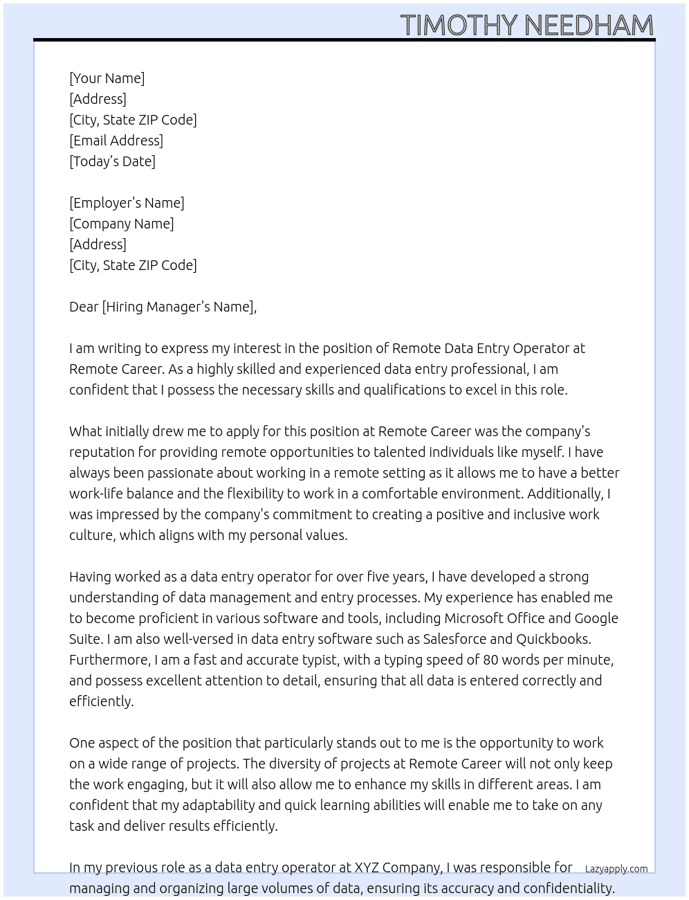 Remote Data Entry Operator At Remote Career Cover Letter