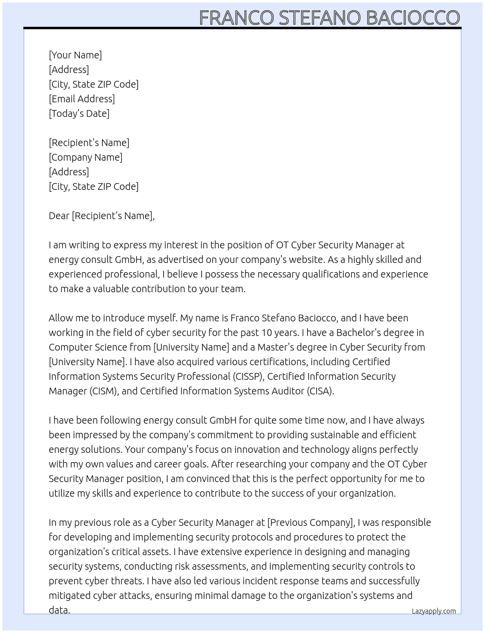 OT Cyber Security Manager At energy consult GmbH Cover Letter