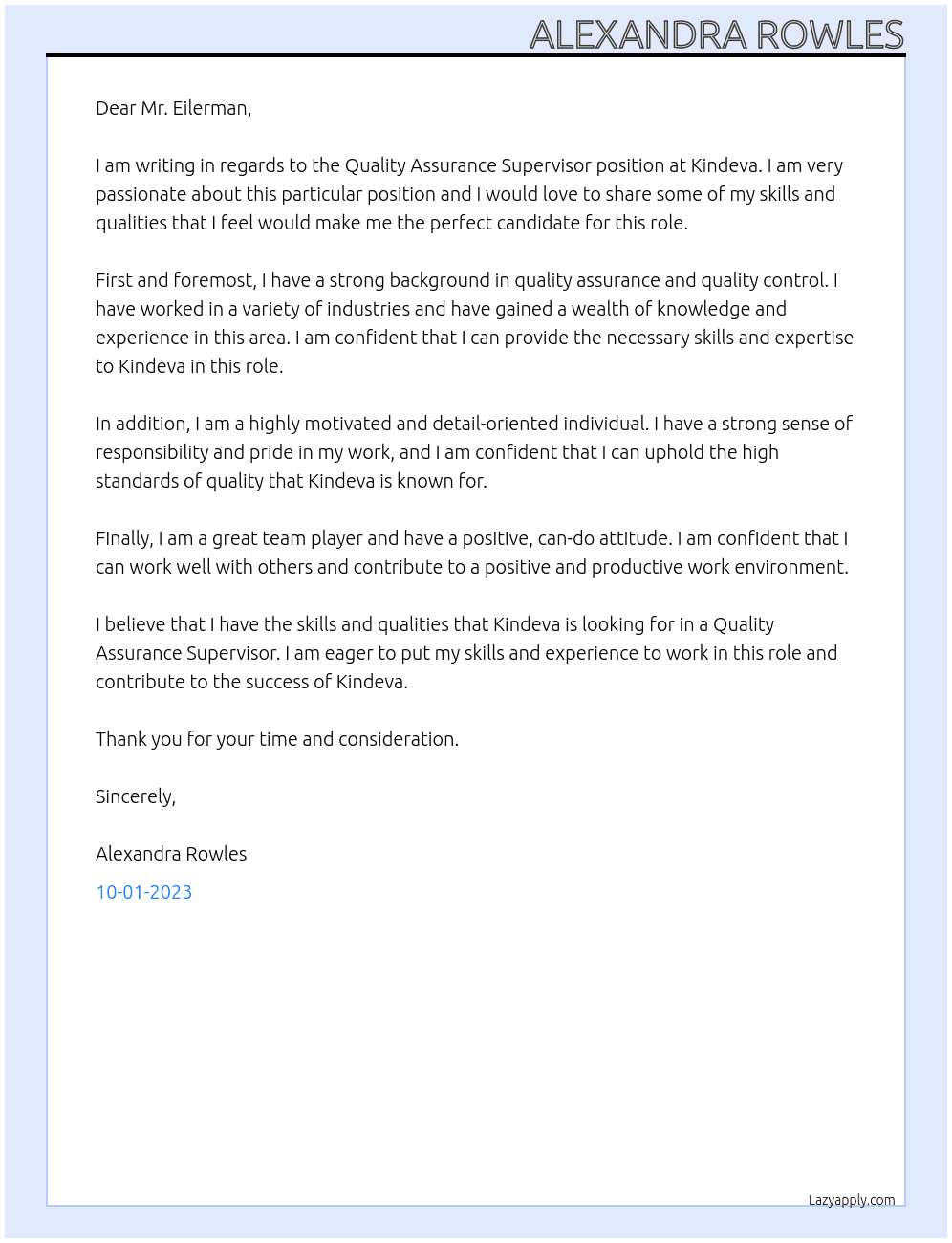 Quality Assurance Supervisor At Kindeva Cover Letter