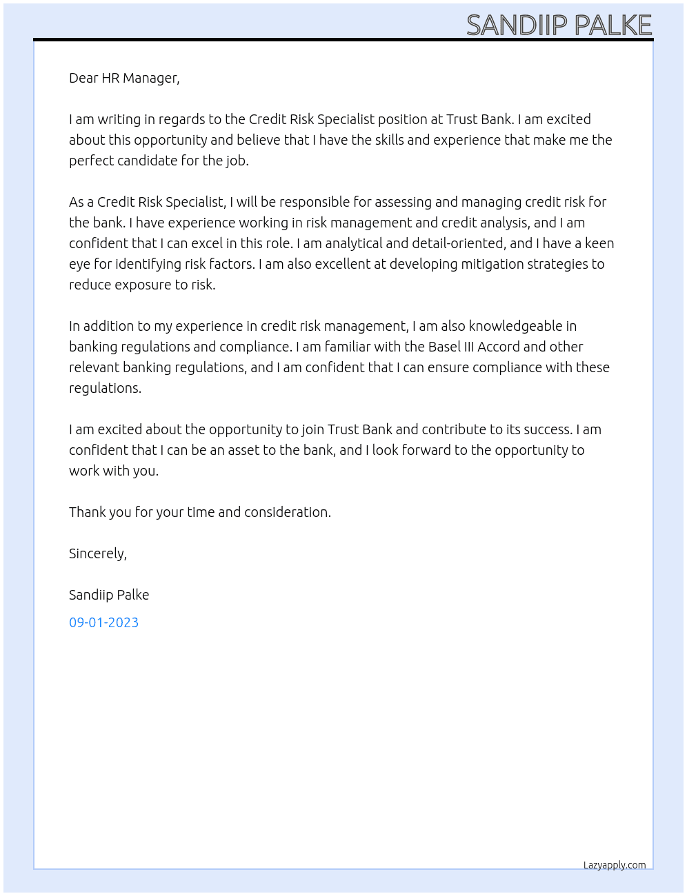 Credit Risk Specialist At Trust Bank Cover Letter