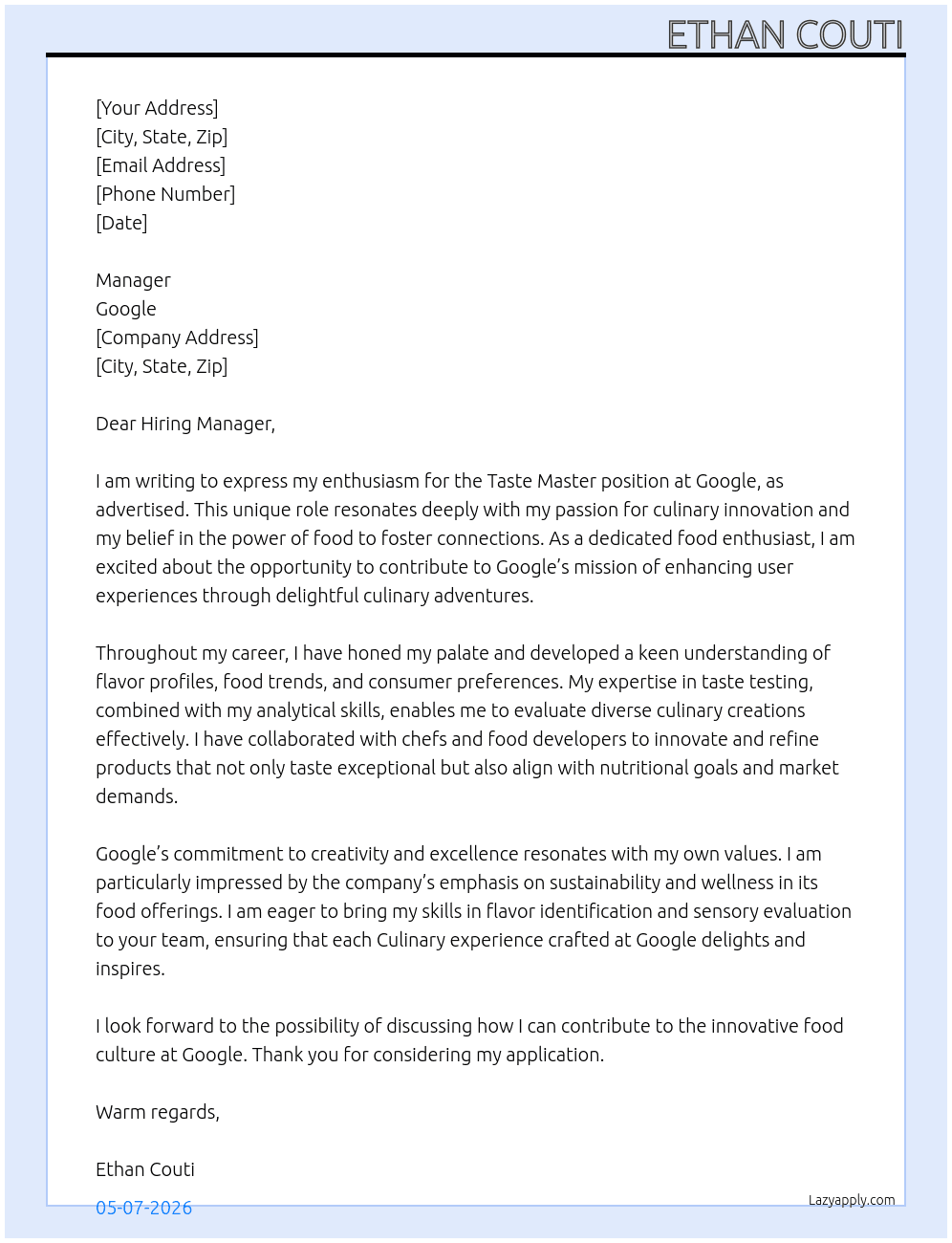 Taste Master At google Cover Letter