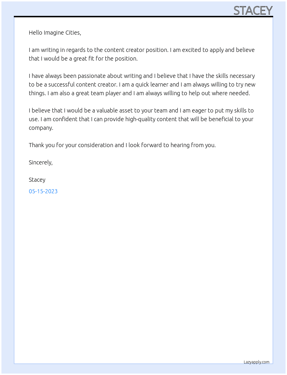 content creator At Imagine Cities Cover Letter