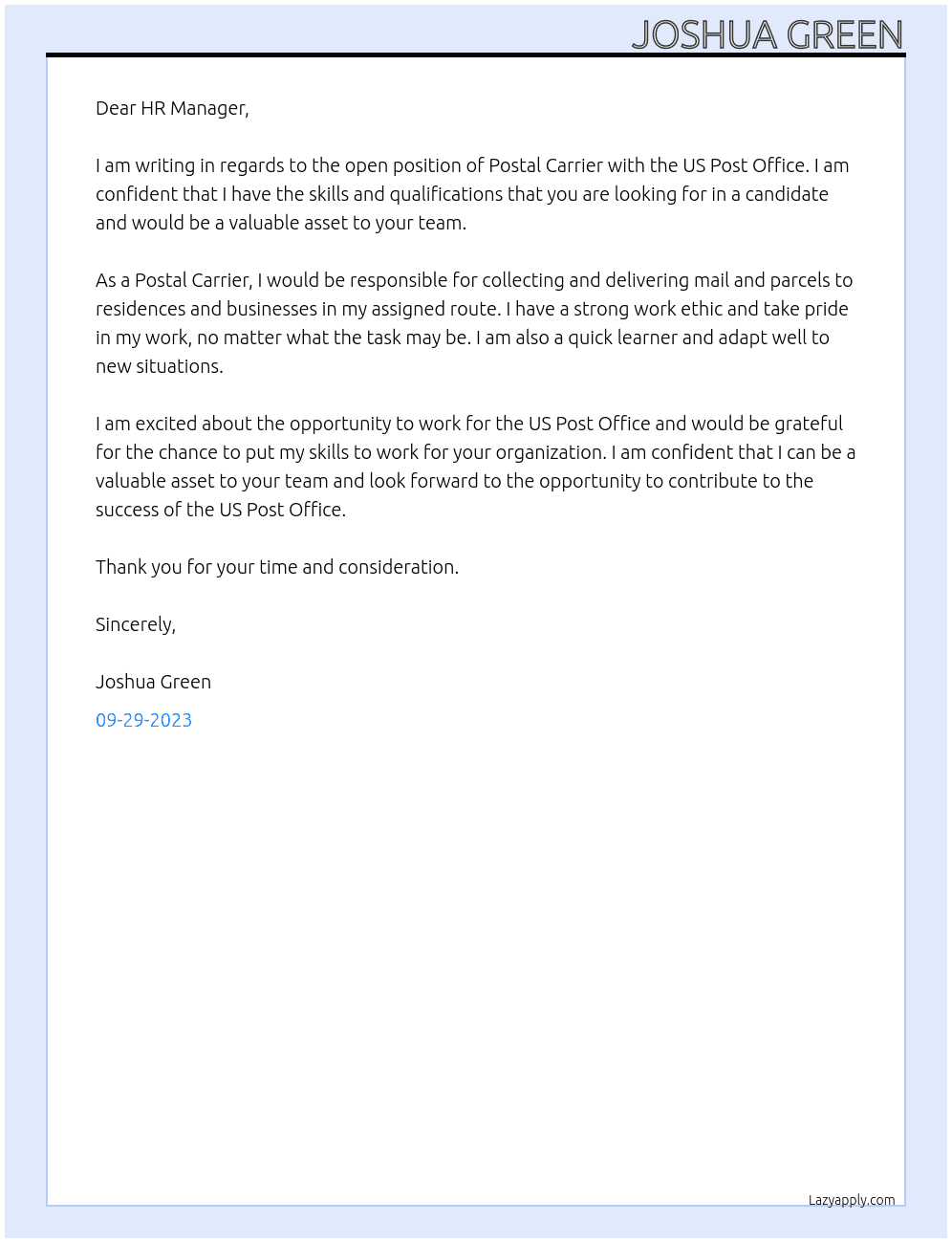 Postal Carrier At US Post Office Cover Letter