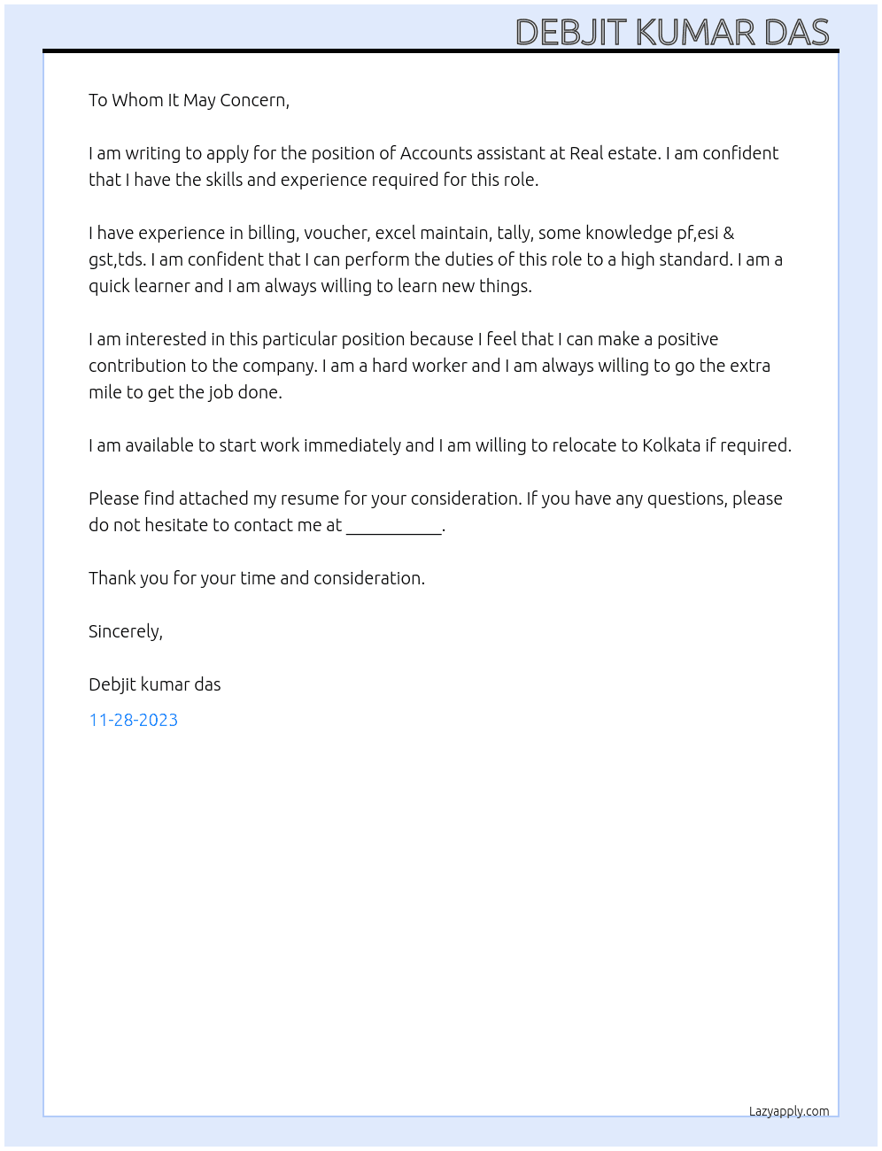 Accounts assistant  At Real estate  Cover Letter
