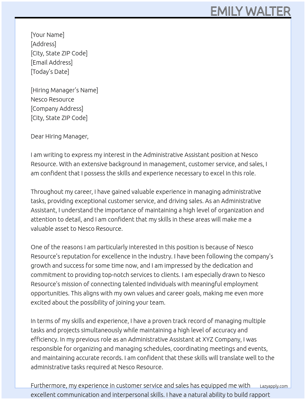 Administrative Assistant At Nesco Resource Cover Letter
