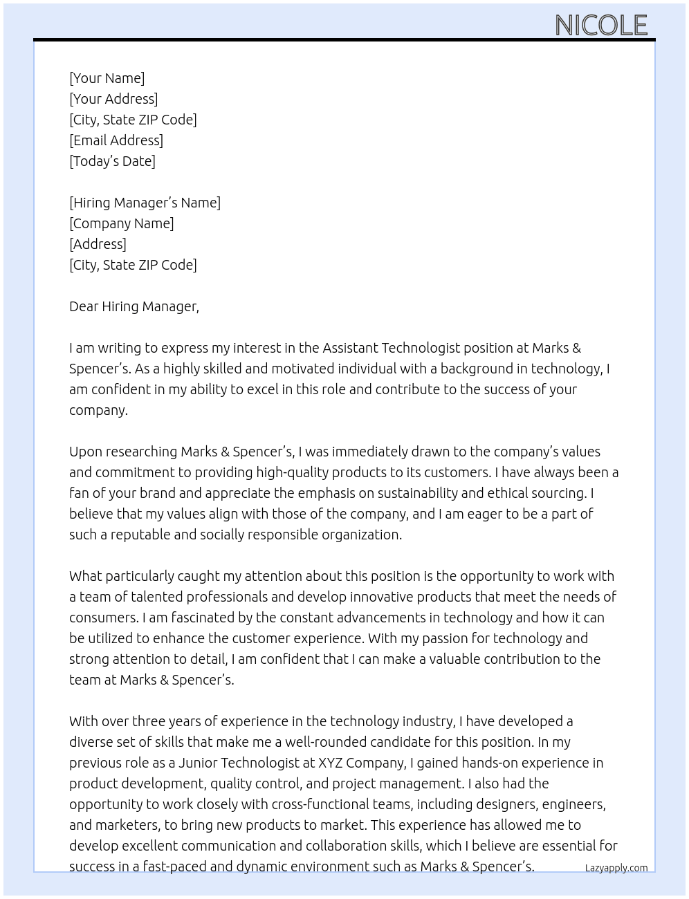 Assistant Technologist  At Marks & Spencer’s  Cover Letter