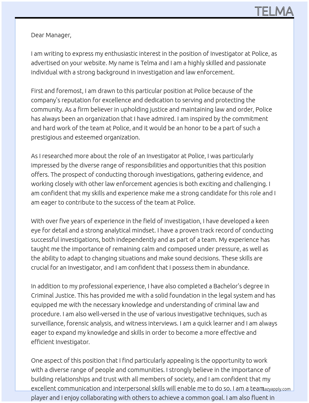 Investigator At Police Cover Letter
