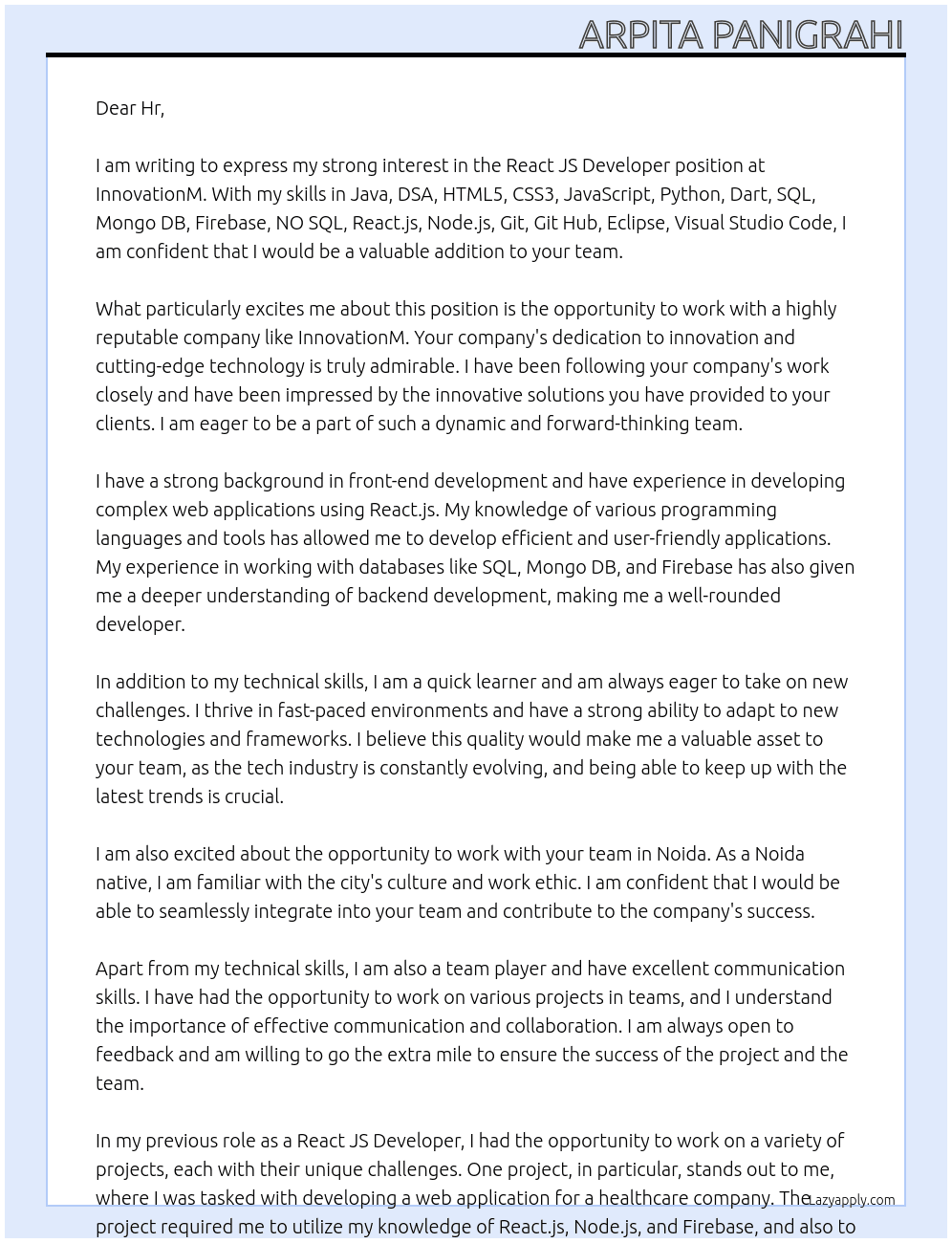 React js developer At InnovationM Cover Letter