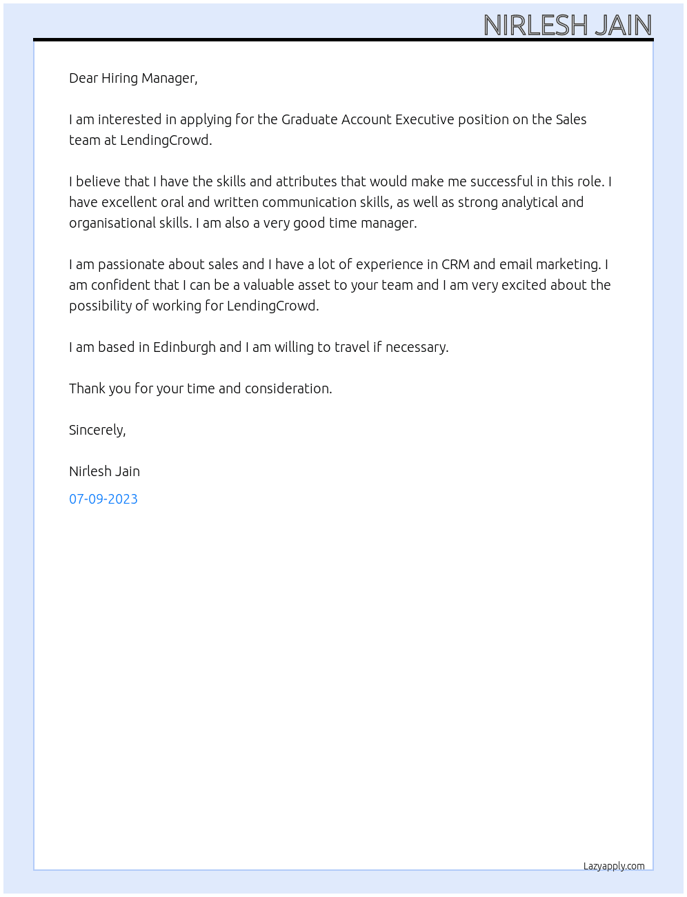 Graduate Account Executive, Sales Team At LendingCrowrd Cover Letter