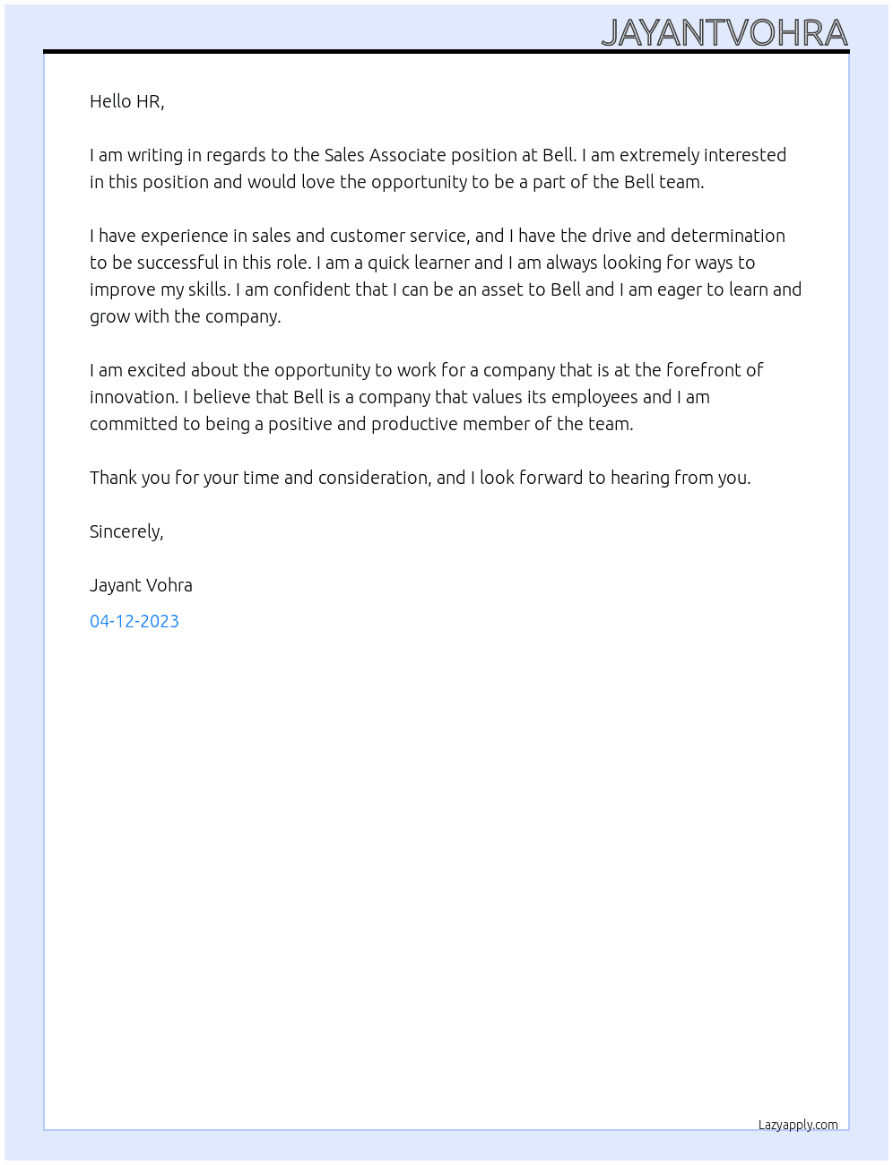 Sales Associate At Bell Cover Letter