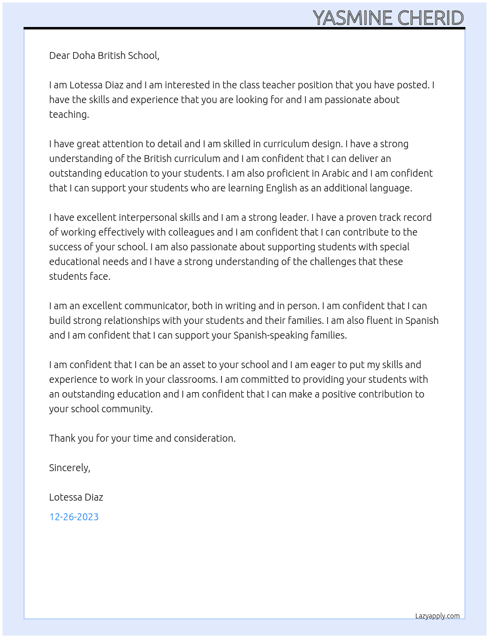 Class teacher At Doha British School Cover Letter