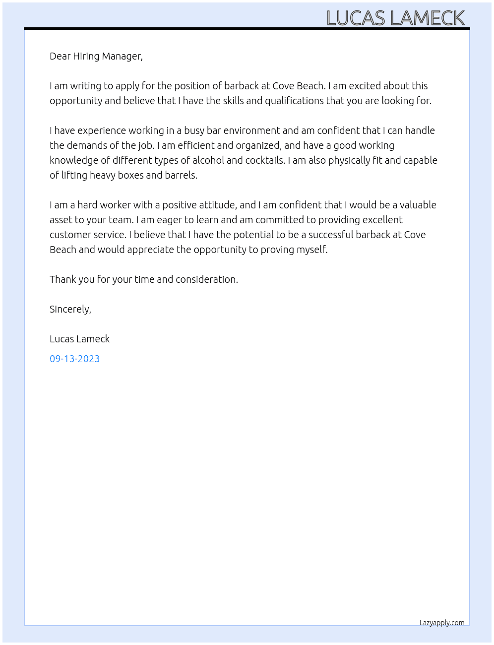 Barback At Cove Beach  Cover Letter