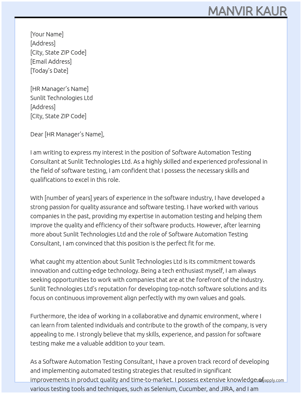 Software Automation Testing Consultant At 	Sunlit Technologies Ltd Cover Letter
