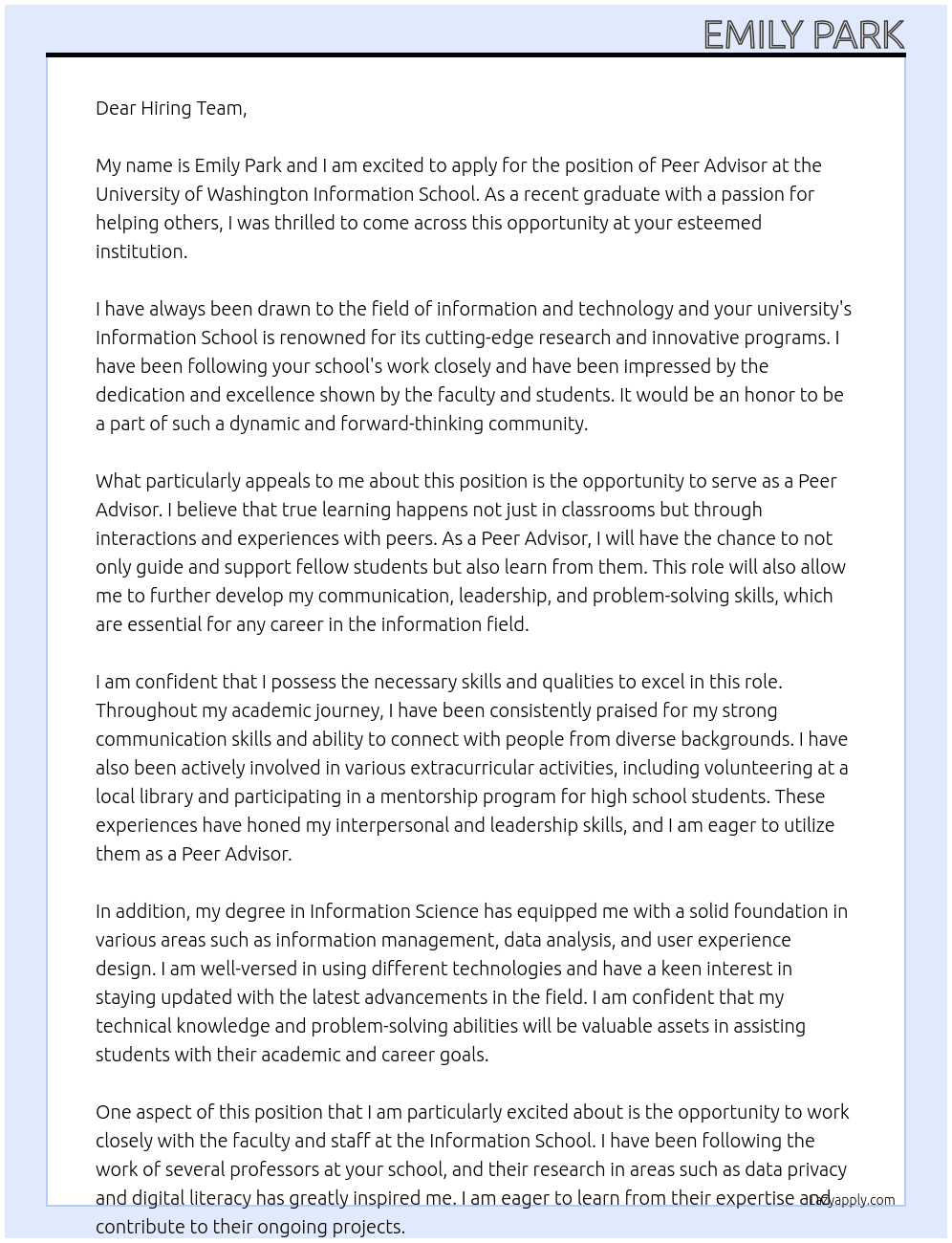 Peer Advisor At University of Washington Information School Cover Letter