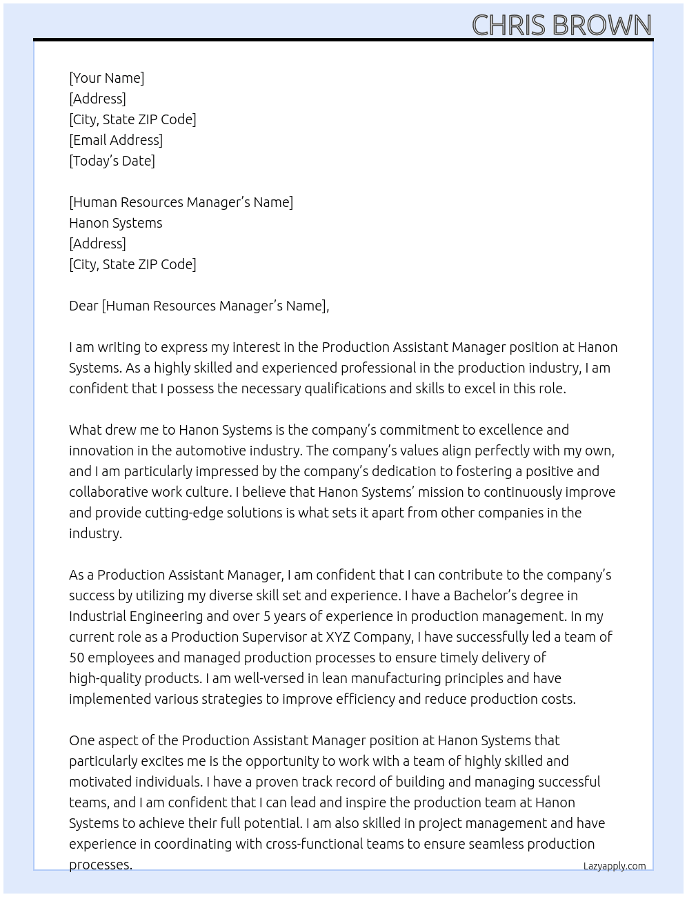 Production Assistant Manager At Hanon Systems Cover Letter