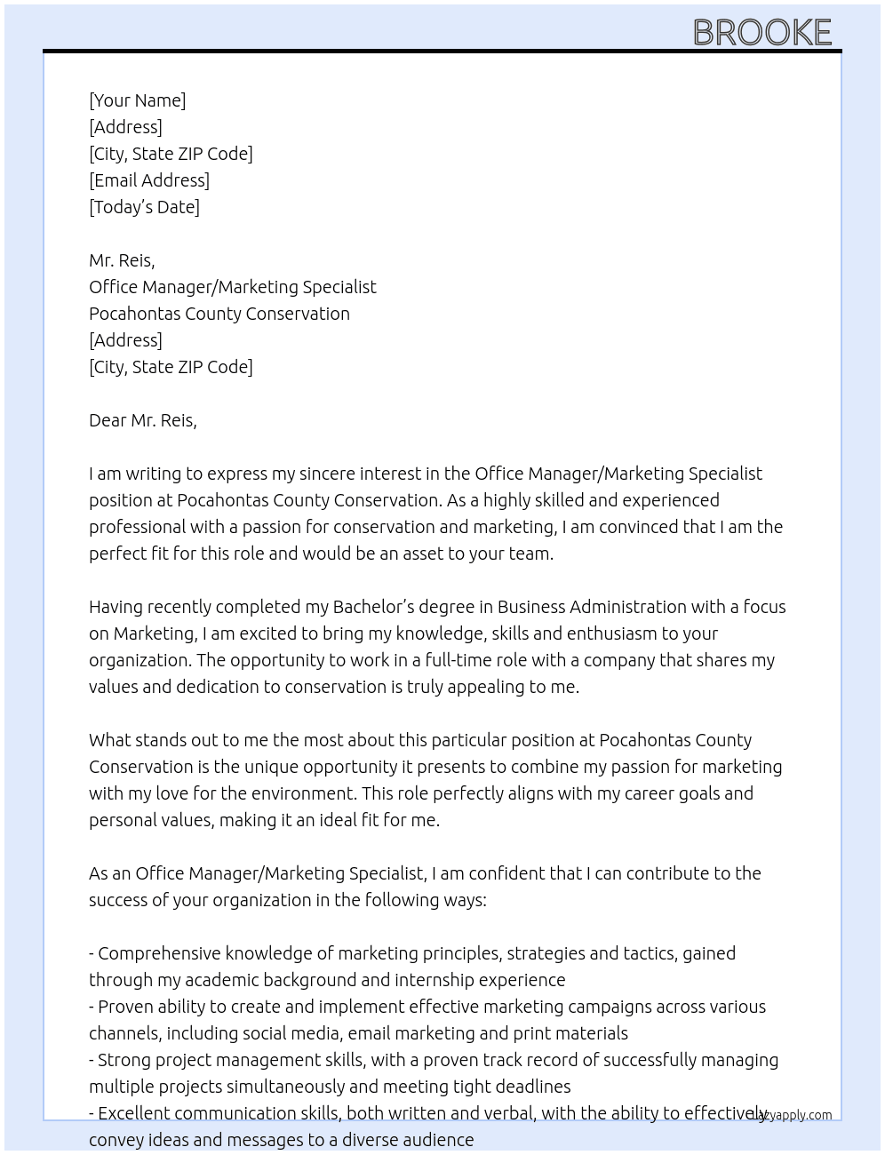 Office Manager/Marketing Specialist At Pocahontas County Conservation Cover Letter