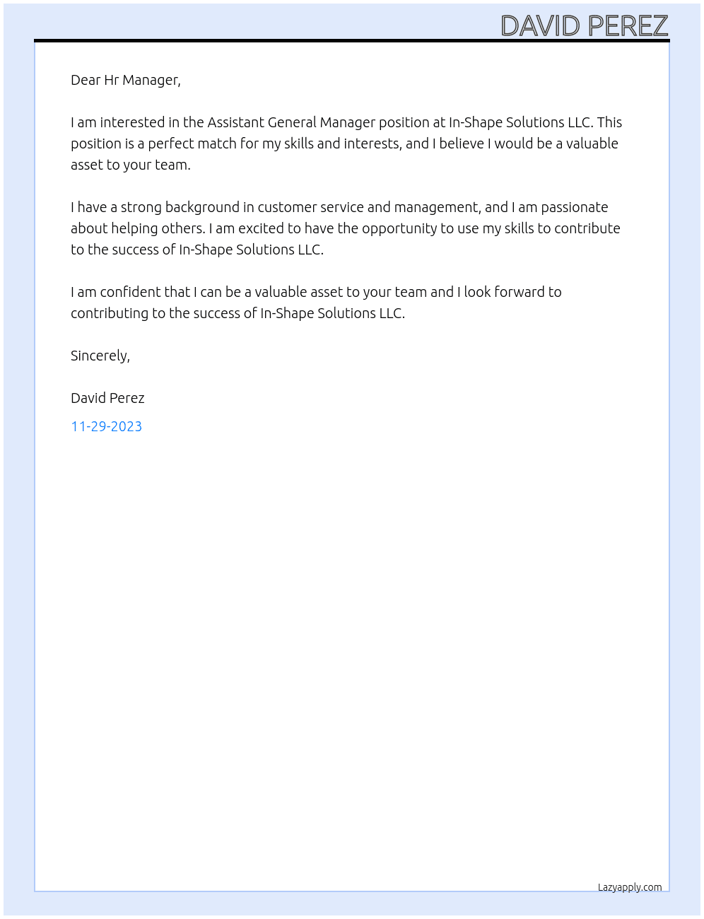Assistant General Manager At In-Shape Solutions LLC Cover Letter